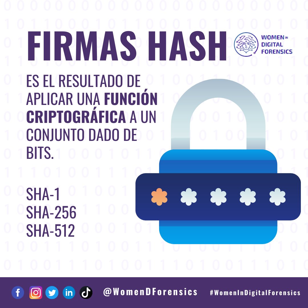 🤓Firmas Hash: Es el resultado de aplicar una función criptográfica a un conjunto dado de bits. La firma tiene una dependencia del contenido evaluado por la función criptográfica, por lo que si se realizase un cambio en los datos, la firma hash sería distinta. 
#DigitalForensics
