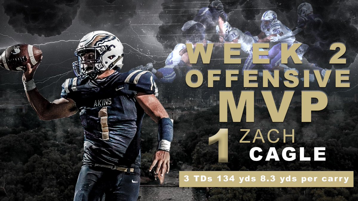 Congrats to @zacharycagle5 for being named the Week 2 Offensive MVP! He also added 2 solo tackles & a sack vs. Cedar Creek! #BeTheChange #WingsUp @akinsathletics @Akins_Football @AkinsAISD @AkinsJournalism @AkinsYearbook @FlxAtx @FanstandATX @RecruitCentex