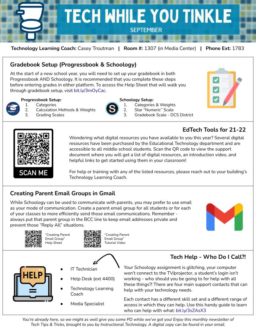 CTroutmanTech's tweet image. The first 📱Tech While You Tinkle🚽 of the year is up!

We&apos;re making sure teachers are set up for success in gradebook, know what edtech tools they have premium access to, how to create email groups, and &apos;Who to Call&apos; for tech help!
 #techtips #edtech #edtechnewsletter