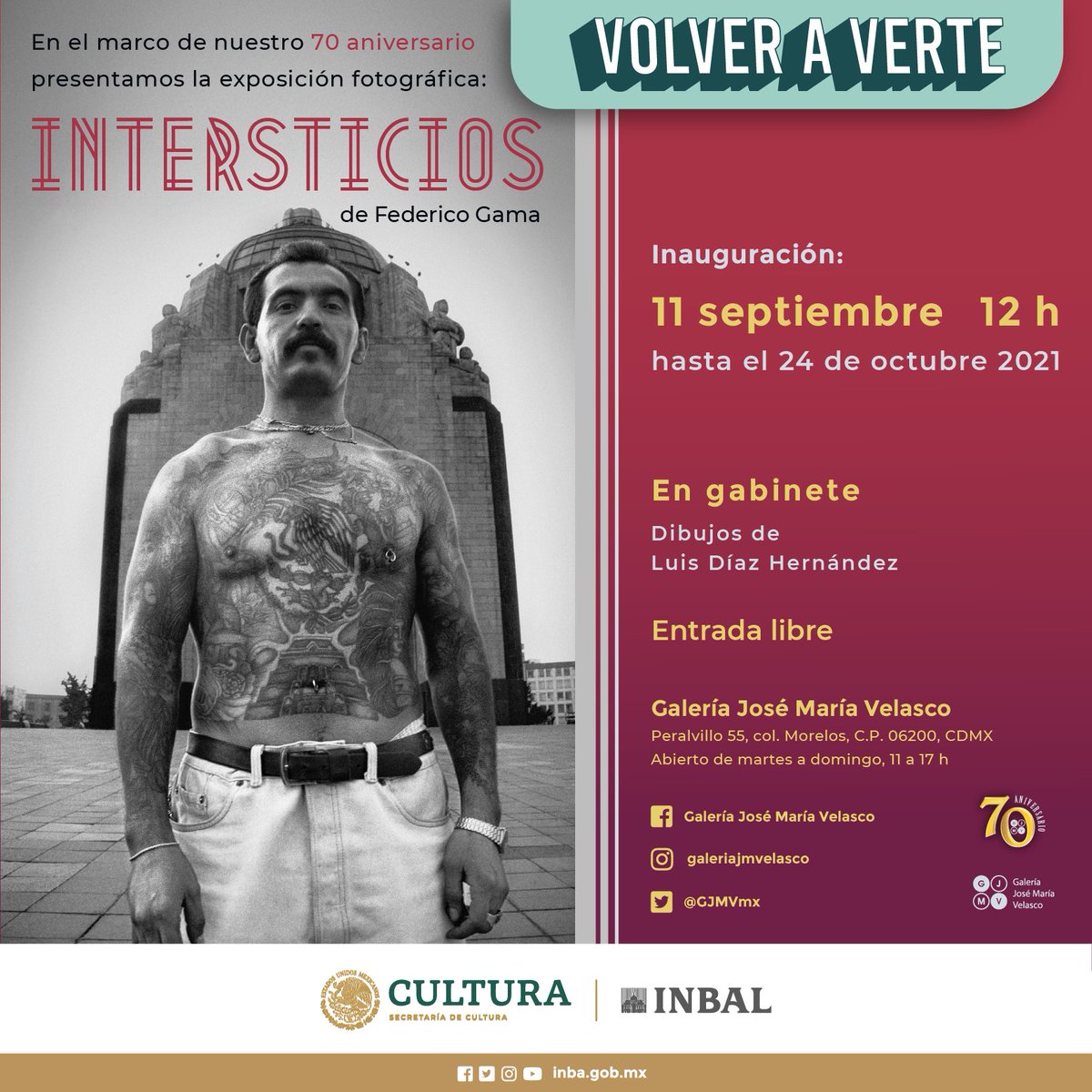 Celebramos nuestro 70 aniversario con la apertura de "Intersticios", una exposición antológica sobre la obra del fotógrafo Federico Gama.

A partir del sábado 11 de septiembre, 12 h.

Entrada libre 🥳💫💕

#VolverAVerte