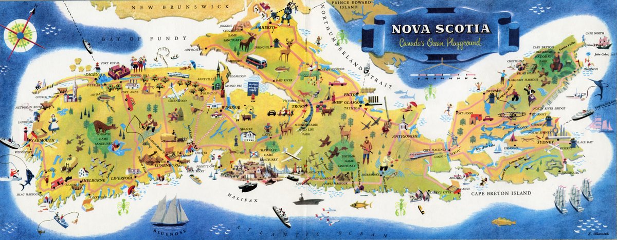 A little colour to brighten your Tuesday☀️
"Nova Scotia Canada's Ocean Playground," 1960.
Reference: Nova Scotia Archives Library: F91 N85 N85
#NovaScotia #maps #nstourism #goodmorning