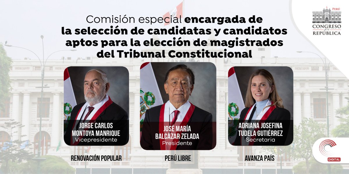 📣 Integrantes de la mesa directiva de la comisión responsable de elegir a los magistrados del Tribunal Constitucional.
🗞Más información: cutt.ly/pWPCgNJ