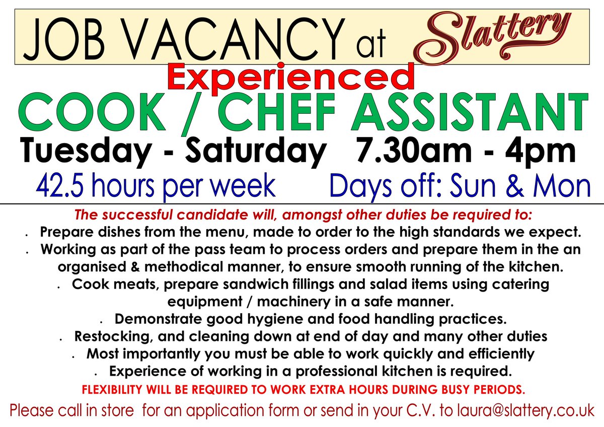 Slattery (@slattery_cakes) on Twitter photo Hospitality work with no evenings!
Tuesday - Saturday
Permanent contract
Send your CV to laura@slattery.co.uk Hospitality work with no evenings!
Tuesday - Saturday
Permanent contract
Send your CV to laura@slattery.co.uk