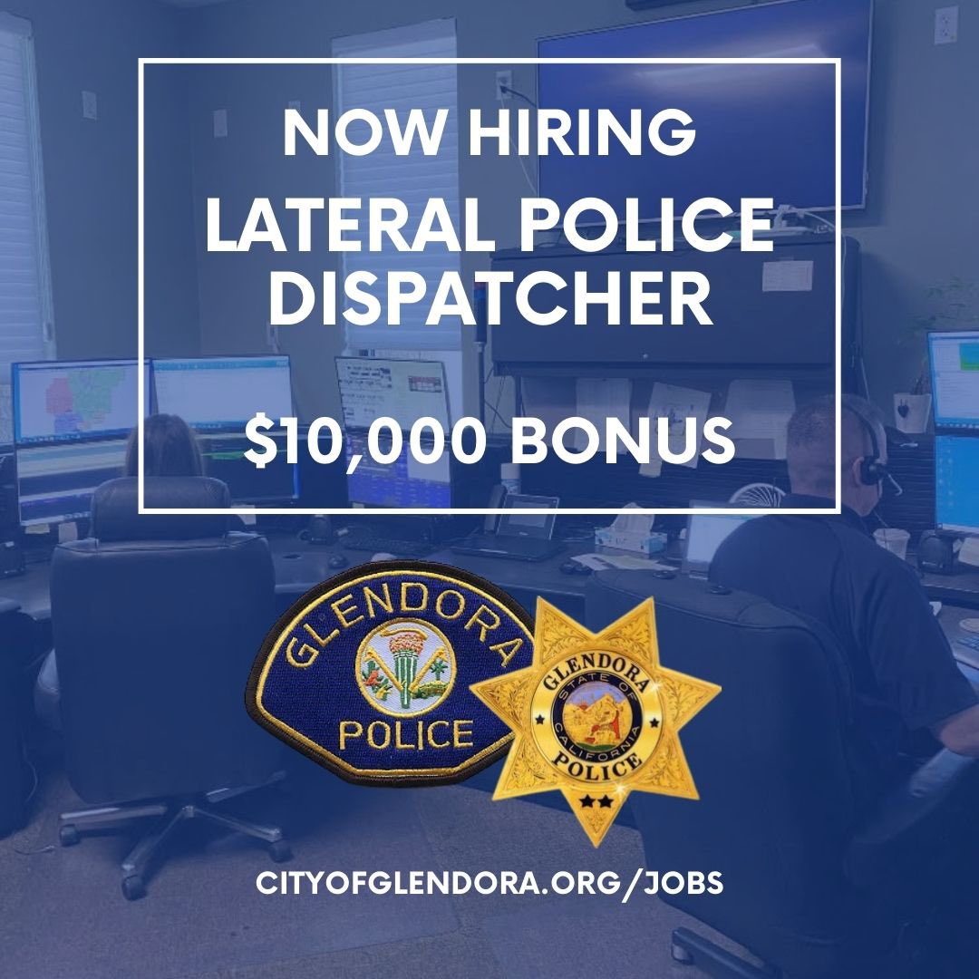 We are hiring lateral police dispatchers!! $10,000 signing bonus!! CityofGlendora.org/jobs #GlendoraPolice #PoliceDispatcher #ThinYellowLine #WeAreHiring #PrideOfTheFoothills
