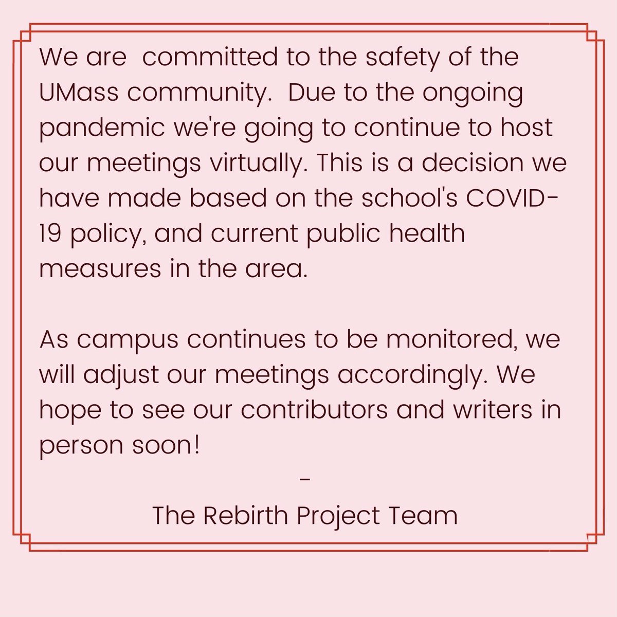 And we’re back! We’re going to continue to host our meetings virtually for the safety of students, faculty and staff. We’re excited to see y’all next Tuesday! Use the link in our bio to sign up for email reminders for our meeting! 🤍🖤❤️
