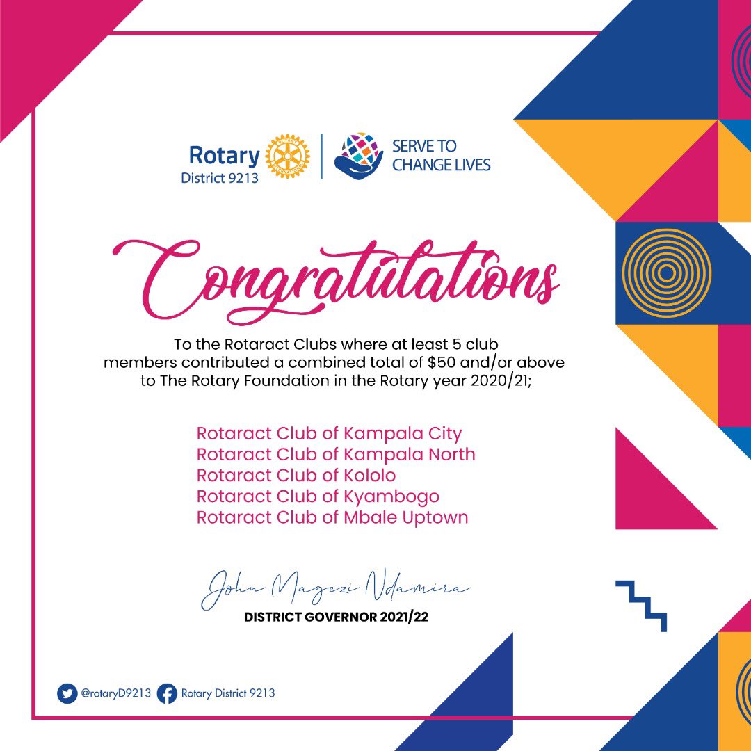 Congratulations to @RotaractKlaCity @kanosug @rotaractkololo @RctKyambogo and @rctmbaleuptown for contributing to the @Rotary Foundation this year. #ServingToChangeLives