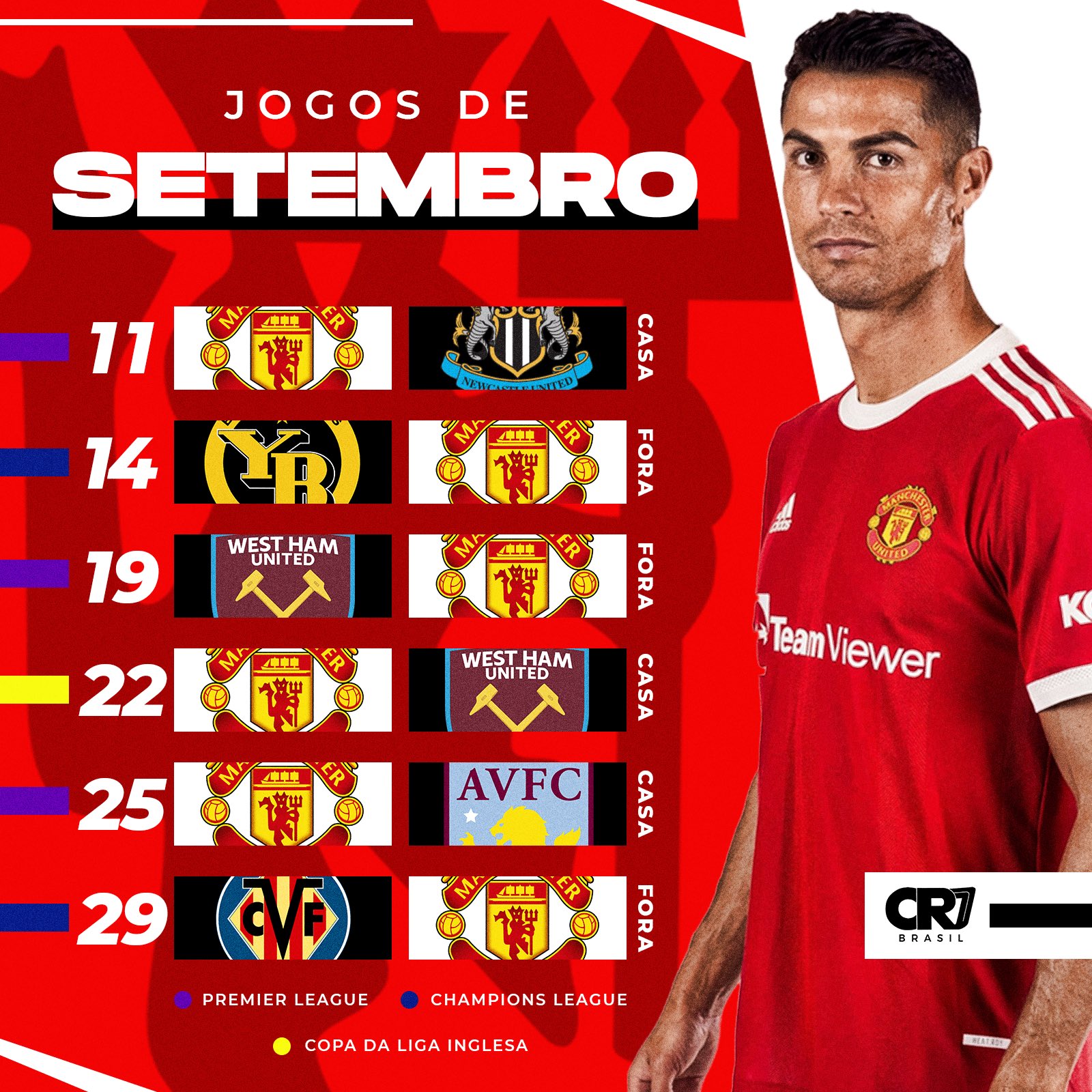 Boleirando on X: 🗓  Calendário oficial! Esses serão os próximos jogos do Manchester  United no mês de setembro. Quantos gols Cristiano Ronaldo vai marcar?  Comentem aí! ⬇️  / X