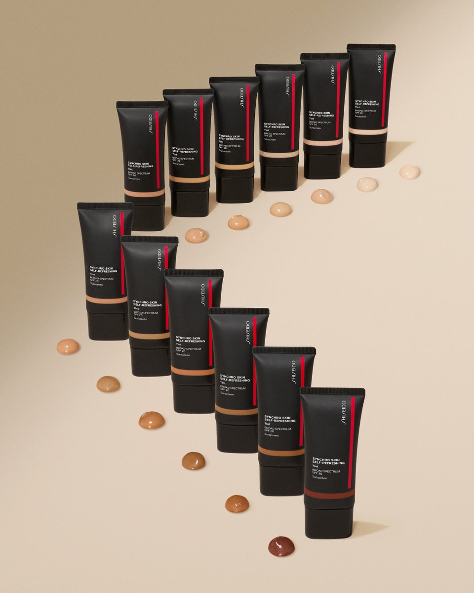SHISEIDO_USA's tweet photo. Feels like skincare, looks like bare skin. Meet all 12 shades of our new SYNCHRO SKIN SELF-REFRESHING Tint, a sheer and adaptable formula that makes finding your perfect match easier than ever. #InSyncWithSkin #SynchroSkin #ShiseidoMakeup https://t.co/cmPTbI7fXA
