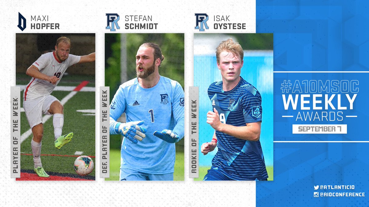 Time for #A10MSOC weekly awards!

⚽️ Player: <a href="/DuqMSoccer/">Duquesne Men's Soccer</a> Maxi Hopfer

⚽️ Defensive: <a href="/rhodymsoc/">Rhody Men's Soccer ⚽</a> Stefan Schmidt

⚽️ Rookie: Rhody freshman Isak Oytese

bit.ly/3zQK9JO