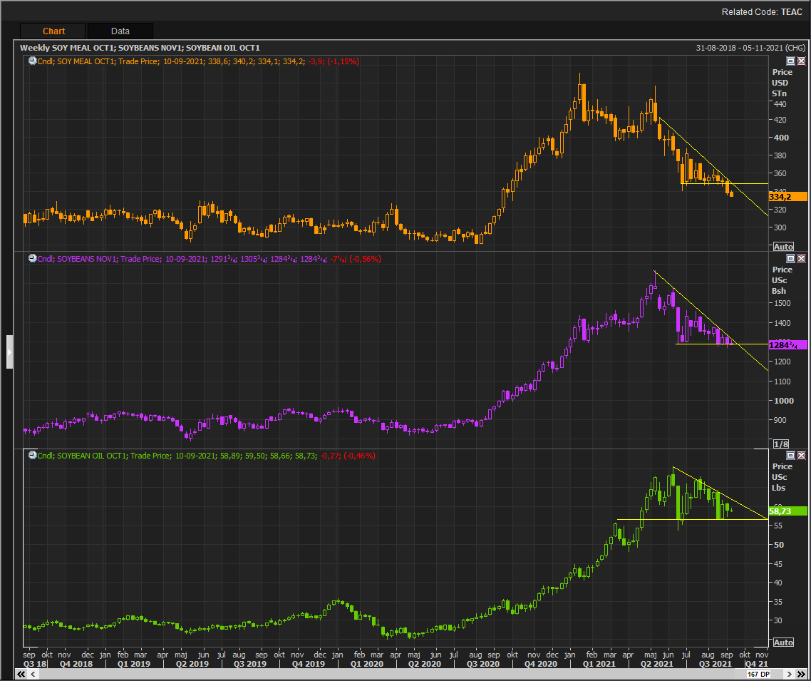 MadsKri's tweet photo. Is #SoyMeal showing the trend in the #SoyComplex? SM last week broke the support line of a decending triangle. This week #Soybeans is struggeling with the support line, while #SoyOil is still the leading product, but will it last? Upcoming US harvest and record SA sowings? #OATT https://t.co/lSbFy51pTh