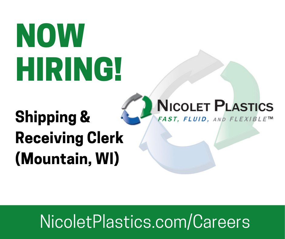 NicoletPlastics's tweet photo. Nicolet Plastics LLC has an open position for a Shipping and Receiving Clerk at its Mountain, WI location: https://t.co/RM3cPfbr5E
#shippingclerk #hiring #recruitment #jobsearch #careers #recruiters #nowhiring #greatopportunity #WisconsinJobs https://t.co/DV1n4tNo9w
