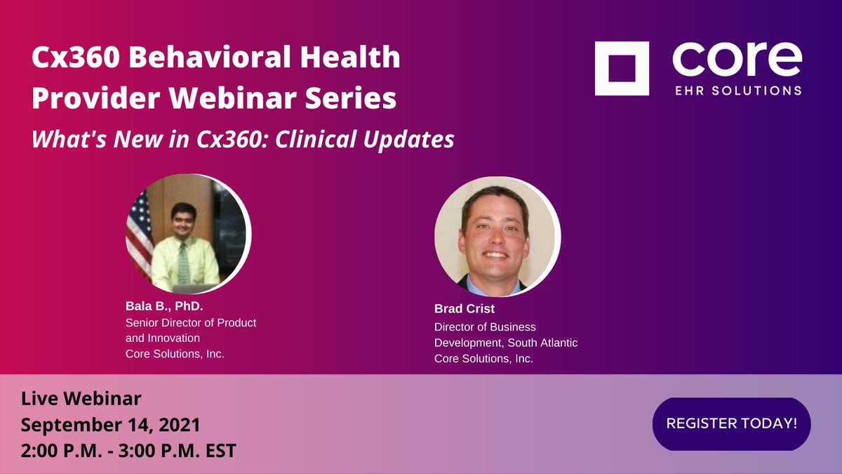 Only a week left to register! Join Core Team experts and behavioral health providers for the first in a series of three webinars, What's New in Cx360: Clinical Updates. Don't wait, register today! Register here: hubs.ly/H0WhKqg0 #EHRTechnology #Cx360 #behavorialhealth