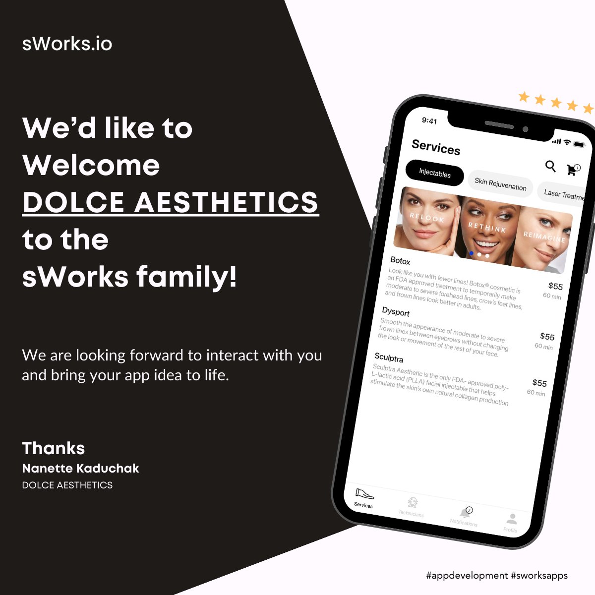 sworks_io's tweet image. We’d like to welcome Nanette Kaduchak to the sWorks family! It was a pleasure interacting with them for their Medical Spa app and we're excited to bring their app idea to life. Thanks Nanette Kaduchak!
#appdevelopment #sworksapps #spaapp