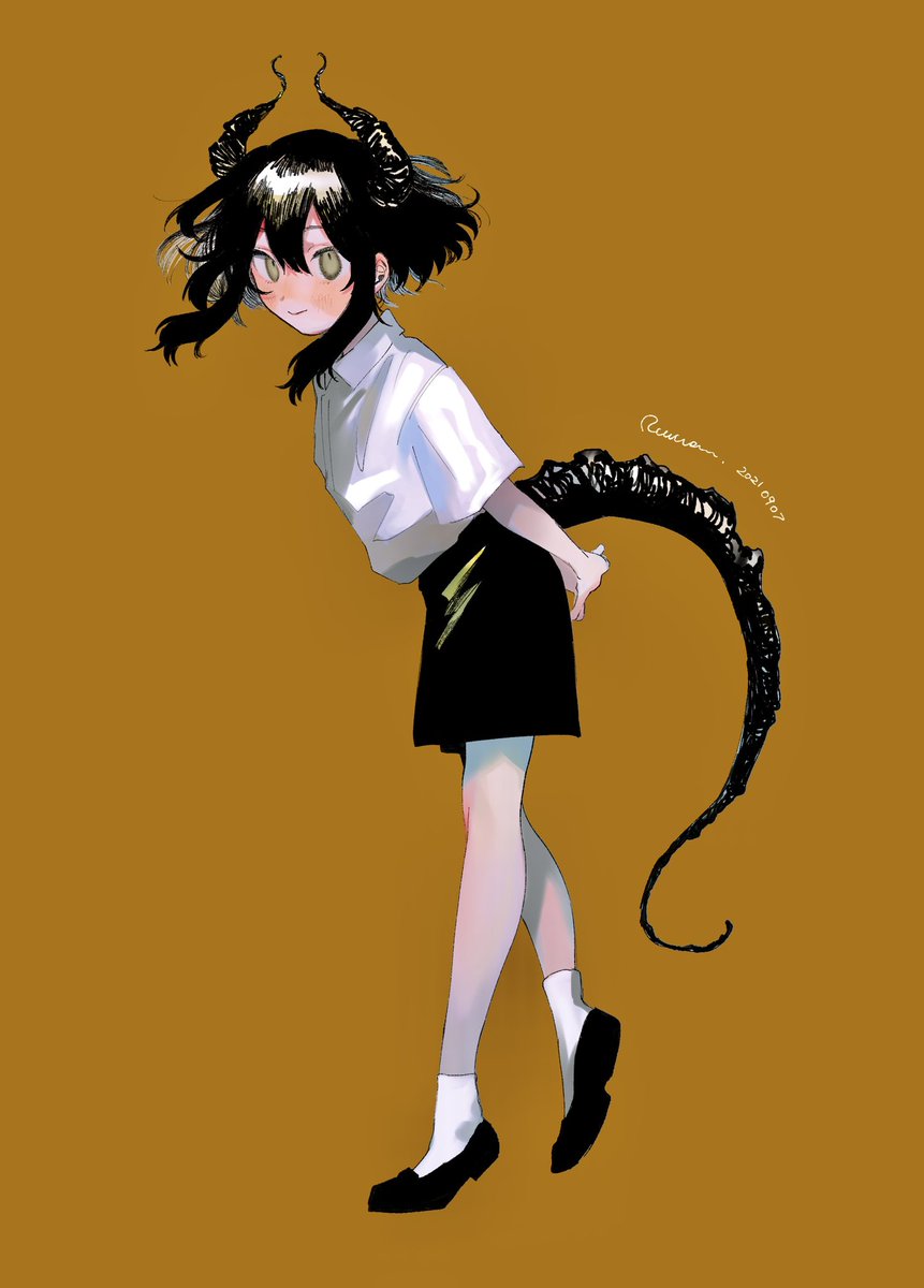 1girl solo tail shirt white shirt horns black hair  illustration images