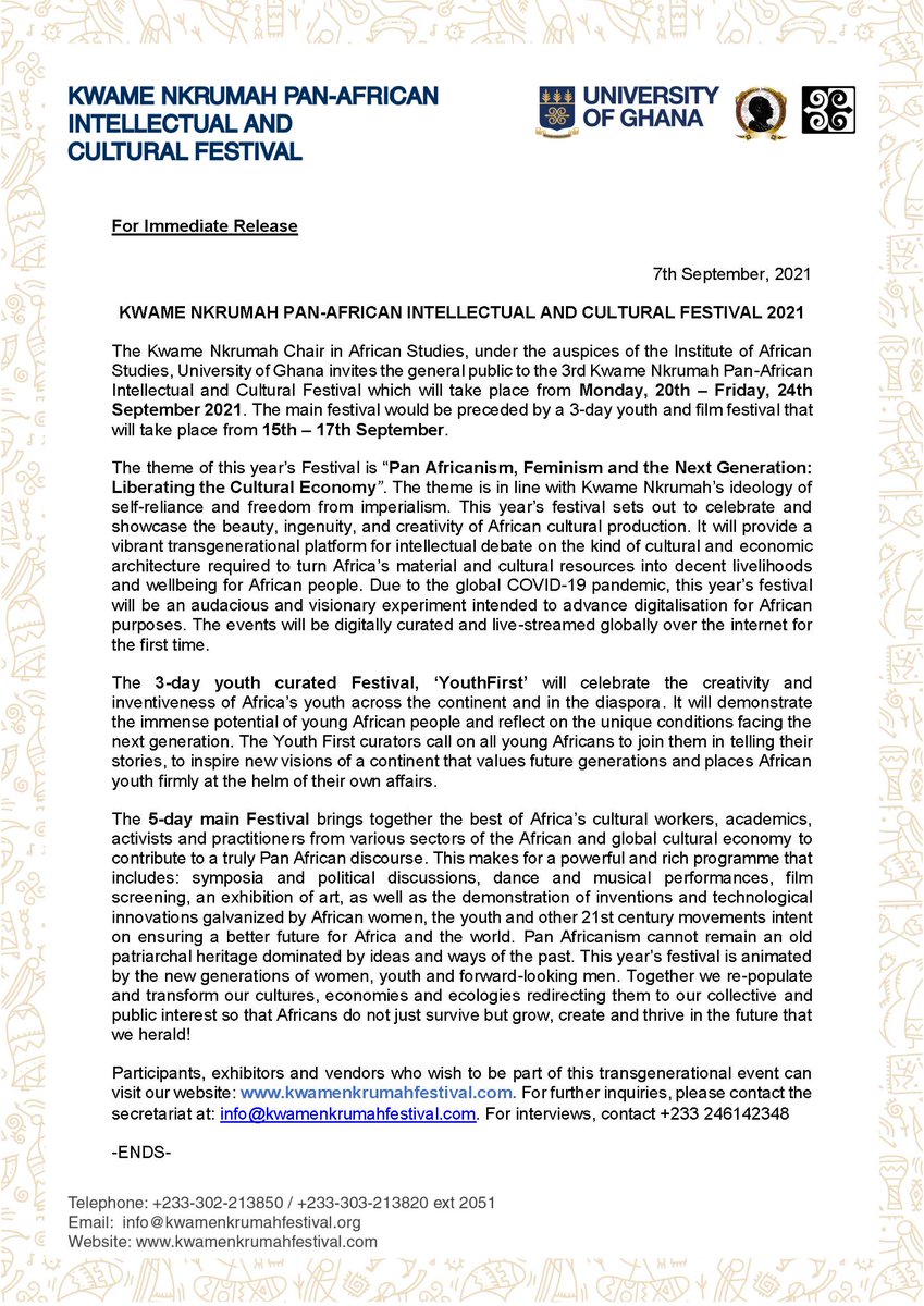 Official Press Release of the Kwame Nkrumah Festival taking place virtually from 15th to 24th September.

For interviews, contact info@kwamenkrumahfestival.com

#medi