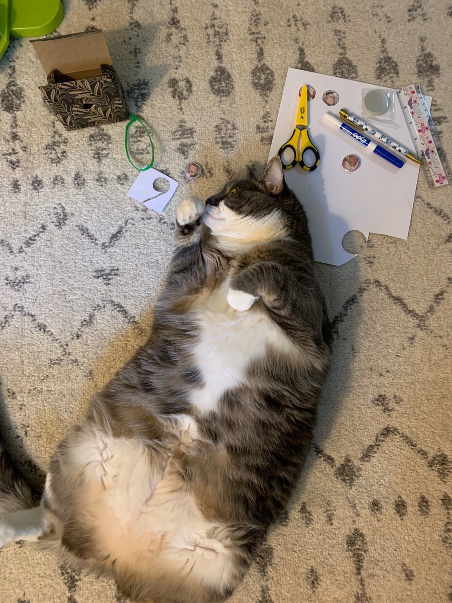 elisamakesart's tweet photo. Fruit Loop is hard at work making buttons for #VoltCon #Geekcat #CatsOfTwitter https://t.co/MdntJWpyLT