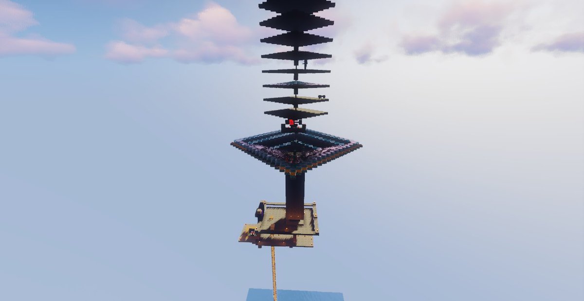 NetheriteGang_'s tweet photo. Fizemos uma mob farm! um sistema básico de plataformas que spawnam os mobs e são empurrados e afunilados para um tubo 3x3, em que podemos matar para pegar xp e drops! o que acharam? deem sugestões de decorações! https://t.co/YkFuglLOLR