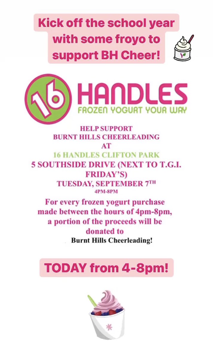BhblCheer's tweet photo. Kick off the school year with some froyo at 16 Handles today from 4-8pm to support BH Cheer! https://t.co/E5fVTsody4