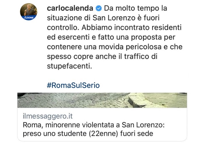 CALENDA E LA RAGAZZA STUPRATA DAL DEGRADO
<a href="/CarloCalenda/">Carlo Calenda</a> #machesulserio? Lo stupro non c'entra nulla con la movida nei quartieri "degradati" né con gli stupefacenti. La cultura dello stupro è anche in questi alibi vecchi quanto Grillo. È il singolo, il responsabile delle violenze.