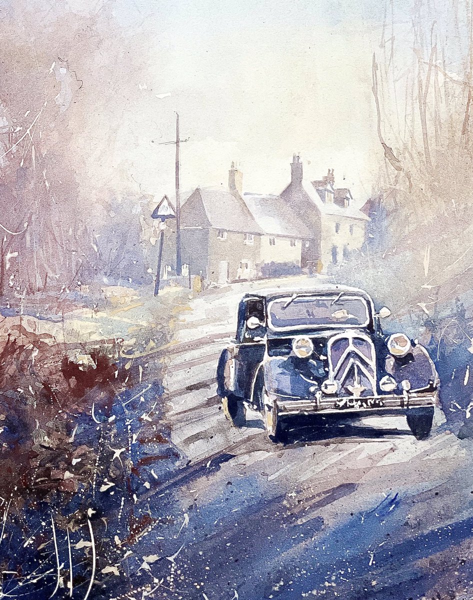 Today’s watercolour: Citroen Traction Avant passing through our village. Schmincke watercolours on Saunders Waterford paper. #watercolour #citroentractionavant #saunderswaterford