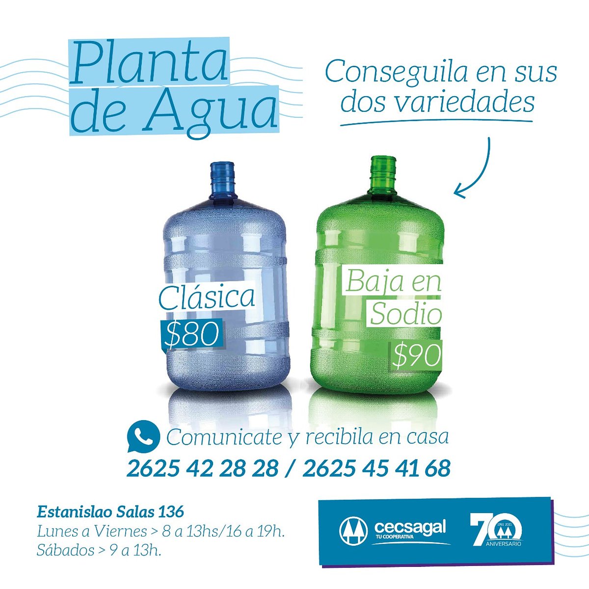 coopcecsagal's tweet photo. ¡Pedí ahora mismo el agua de Cecsagal! 💧 ¡Te la llevamos a casa! 🚛

✔ Dos variedades: Con Clásica y Bajo en Sodio 🟦🟩

📲 WthasApp: 2625-422828 y 2625-454168

#Cecsagal #TuCooperativa #AguaTratada https://t.co/djkKJFZRdS