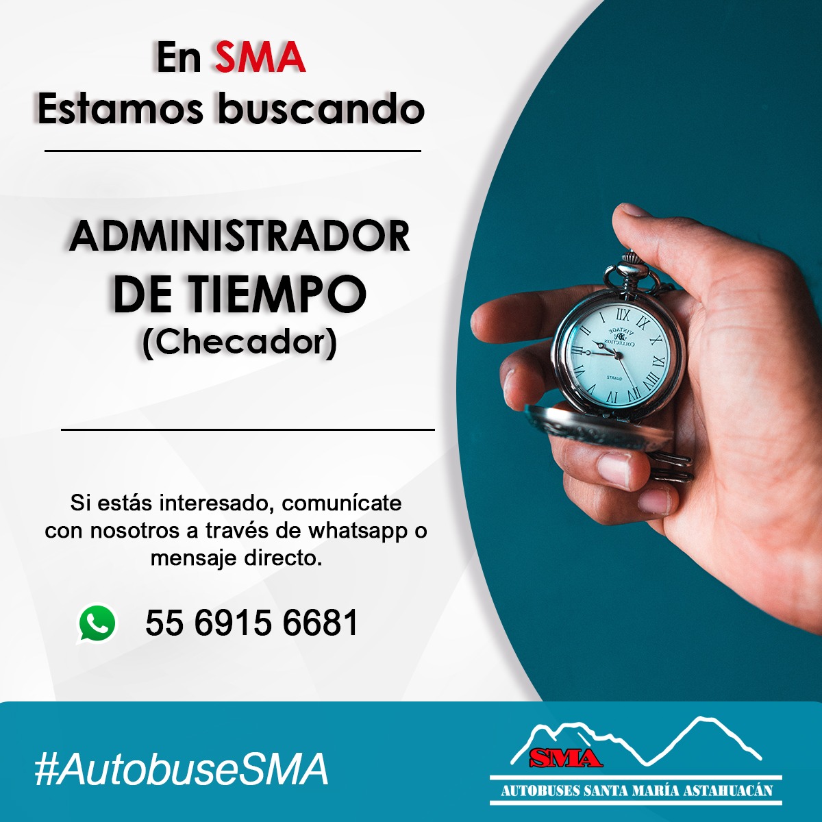 AutobuseSMA's tweet photo. Tenemos una vacante para tí, trabaja con nosotros. Para mayores informes escribe un mensaje vía WhatsApp #Empleo #Chalco https://t.co/L7Y3S7V0t3