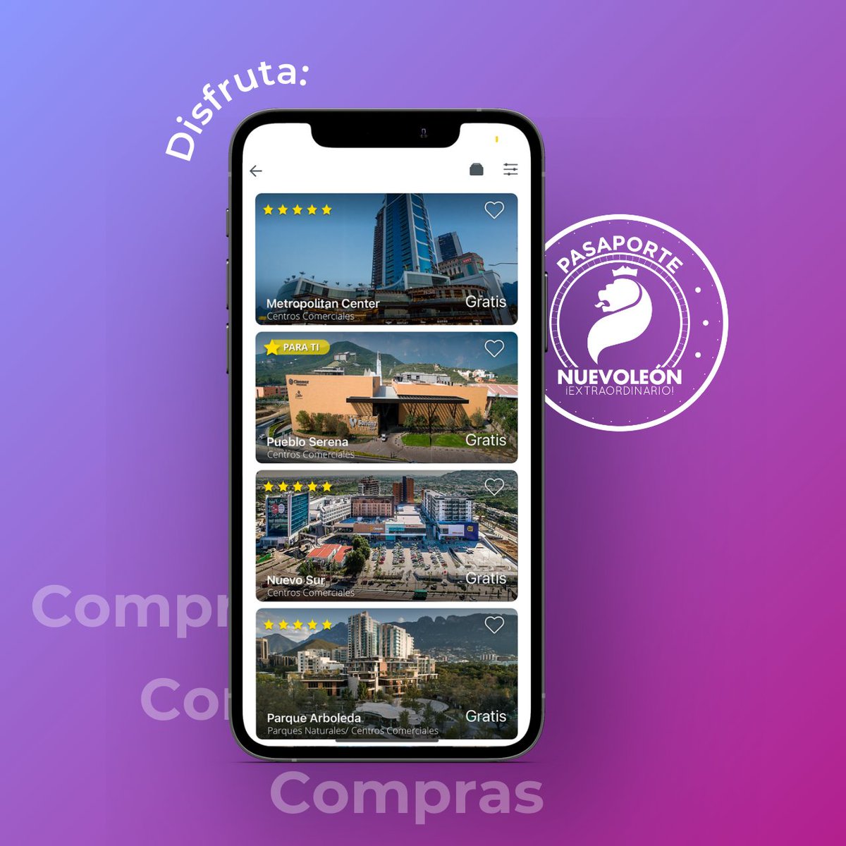 ¿Te gusta ir de shopping? 🛍

Puedes encontrar más de 15 centros comerciales en tu APP Pasaporte Nuevo León perfectos para una tarde de compras.

Las tiendas de talla internacional y gran arquitectura de las plazas hacen de este el plan perfecto.