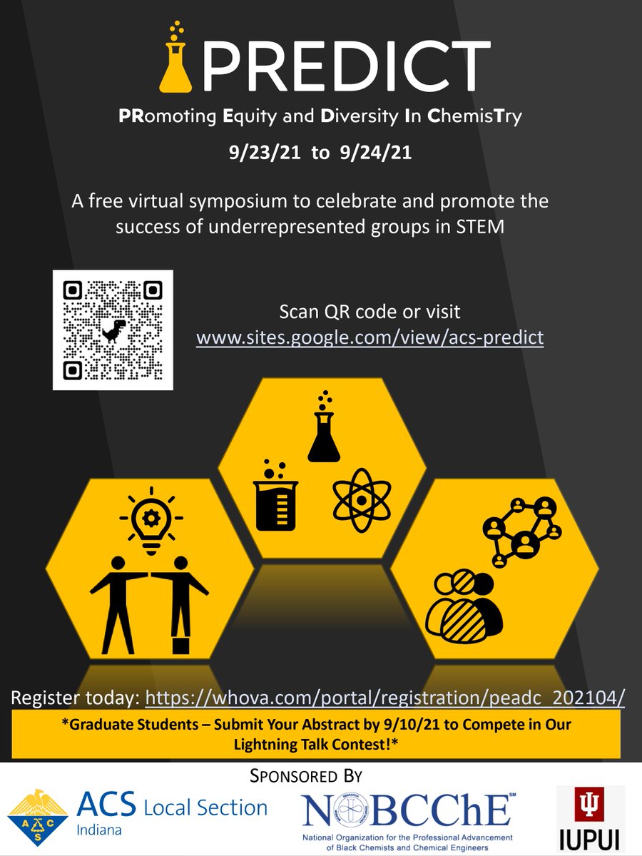 ACSPREDICT2021's tweet image. New deadline! There is still more time to submit your abstract for the Lightning Talk Contest - Register using the QR code or link in bio #Chemistryconference #DiversifySTEM #DiversifyChem #ACSIndiana -via Whova Event App