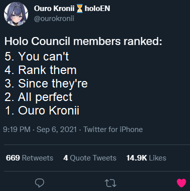 HololiveBot's tweet photo. [Meme] HoloCouncil as ranked by Kronii https://t.co/n9AmcwiHLn https://t.co/N0ggJIV65L