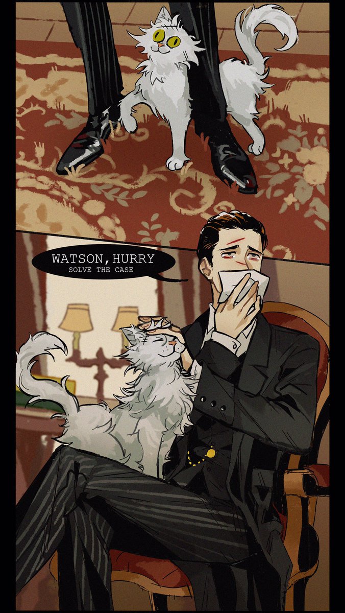 aydanaaart's tweet photo. so I drew this after read a fic from @StephenKing ,it’s about holmes and watson went to a case but holmes allergic to cats,so he can’t investigating the crime scene,and watson just solved the case in finale.I just love the interaction between holmes and the cat😂 https://t.co/3HTTgcR9B6