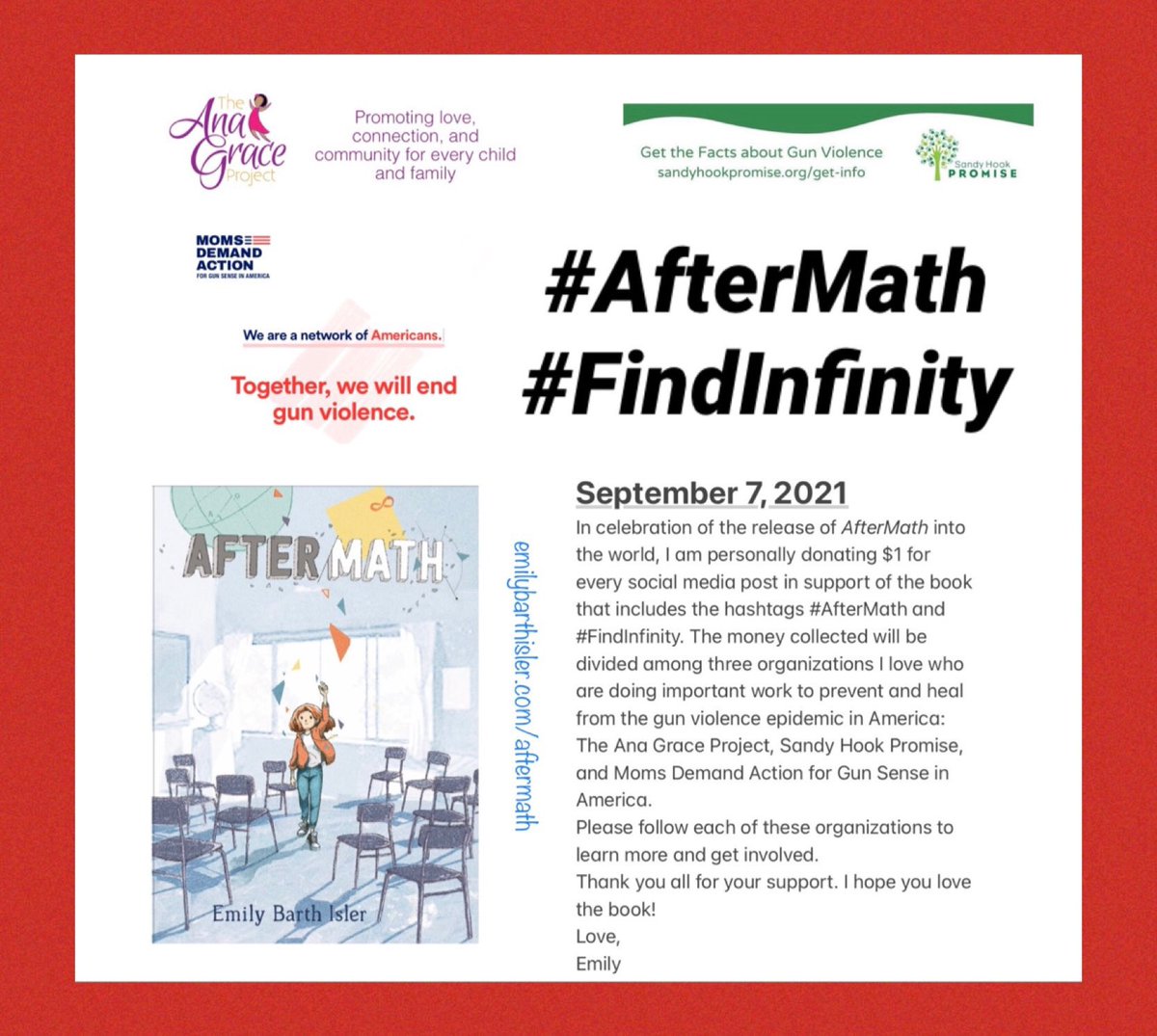 Check out my friend Emily’s new book that’s out today! And...she’s making donations to 3 different gun violence prevention advocacy programs! Share away and read her wonderful book! #AfterMath #FindInfinity