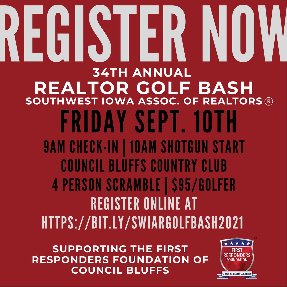 FRFOmaha's tweet photo. This Friday! Proceeds will benefit the First Responders Foundation Council Bluffs Chapter. Register Now for The Realtor Golf Bash - Southwest Iowa Association of Realtors.
#supportblue #Supported #SupportGold #councilbluffs https://t.co/exwq53Caqt