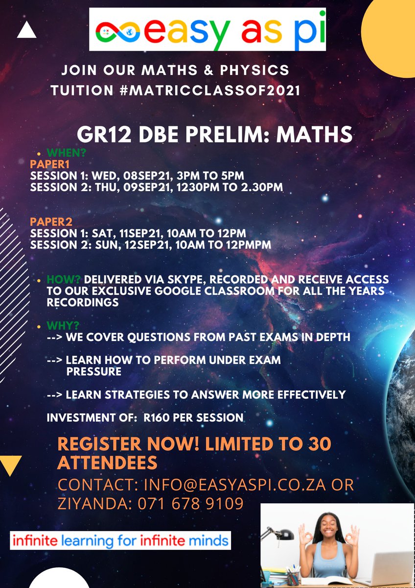 EasyAsPi team (@easyaspimaths) on Twitter photo Need help prepping for prelims?
Sign up for our maths exam prep workshops. Get access to our Google Classroom with all our
exam resources from this year.
Email: info@easyaspi.co.za or WhatsApp Ziyanda on 071 678 9109.
#Matric #MatricMaths #EasyAsPiSouthAfrica #MatricClassof2021 Need help prepping for prelims?
Sign up for our maths exam prep workshops. Get access to our Google Classroom with all our
exam resources from this year.
Email: info@easyaspi.co.za or WhatsApp Ziyanda on 071 678 9109.
#Matric #MatricMaths #EasyAsPiSouthAfrica #MatricClassof2021