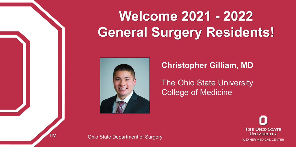 Getting to know our @OSUSurgery interns - Dr. Christopher Gilliam was born in Berkeley, CA. <a href="/cggilliam1/">Chris Gilliam</a> attended undergrad <a href="/ucdavis/">UC Davis</a> and med school <a href="/OhioStateMed/">The Ohio State University College of Medicine</a>. Dr. Gilliam has a 2nd degree black belt in karate 🥋 and has an interest in #Trauma and #CriticalCare. Welcome!