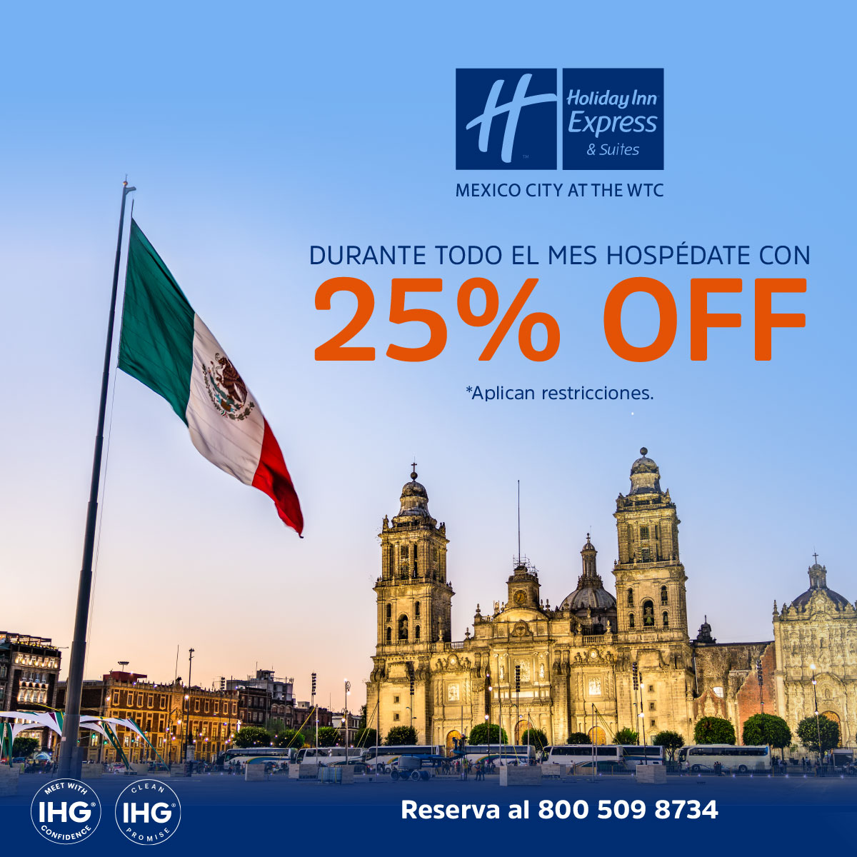Festeja la independencia con nosotros, 
obtén 25% de descuento en tu estancia durante todo el mes.  Llámanos sin costo al 800 -509-8734 o envíanos un correo a: webreservaciones@holidayinnwtc.com #Martes #business #promociones #WTC #CDMX #venalaciudadquetodolotiene