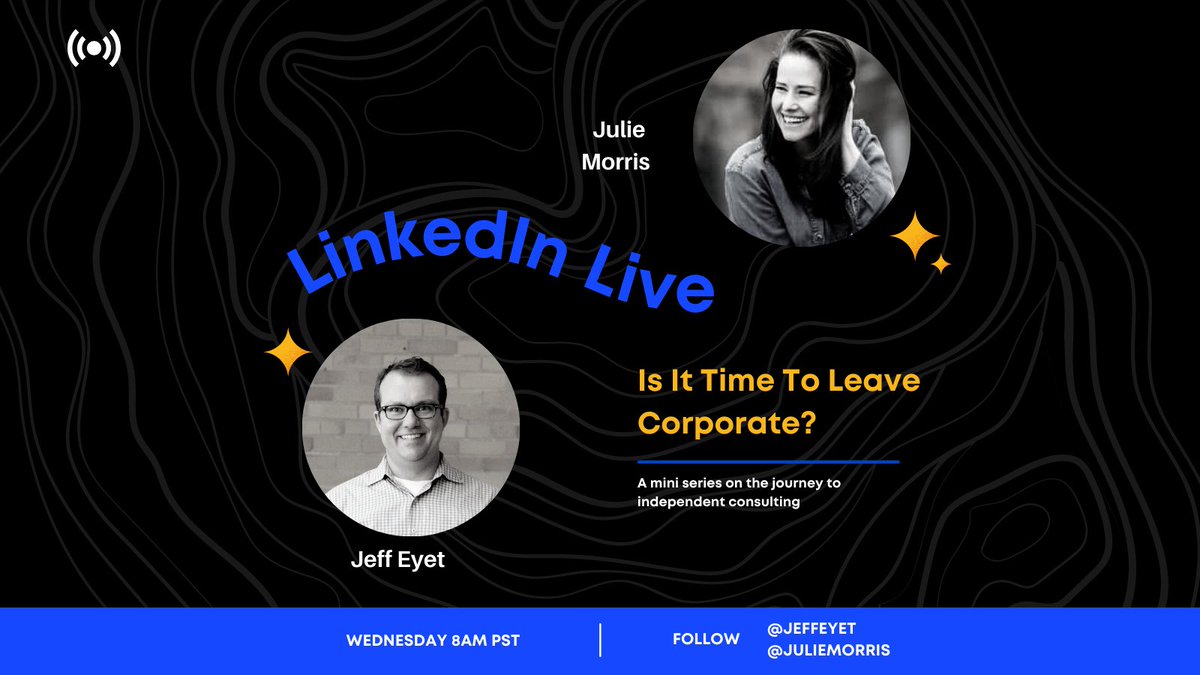 MBAChats's tweet photo. 🎯 Have you been contemplating leaving the #corporate world behind to pursue your #entrepreneurship journey? 

📢 Join our #LinkedInlive session as we talk about "Is It Time To Leave Corporate?" with @juliemichellemo on Wednesday, September 8th at 8AM PST.

#independentconsultant https://t.co/b3xym0oWns
