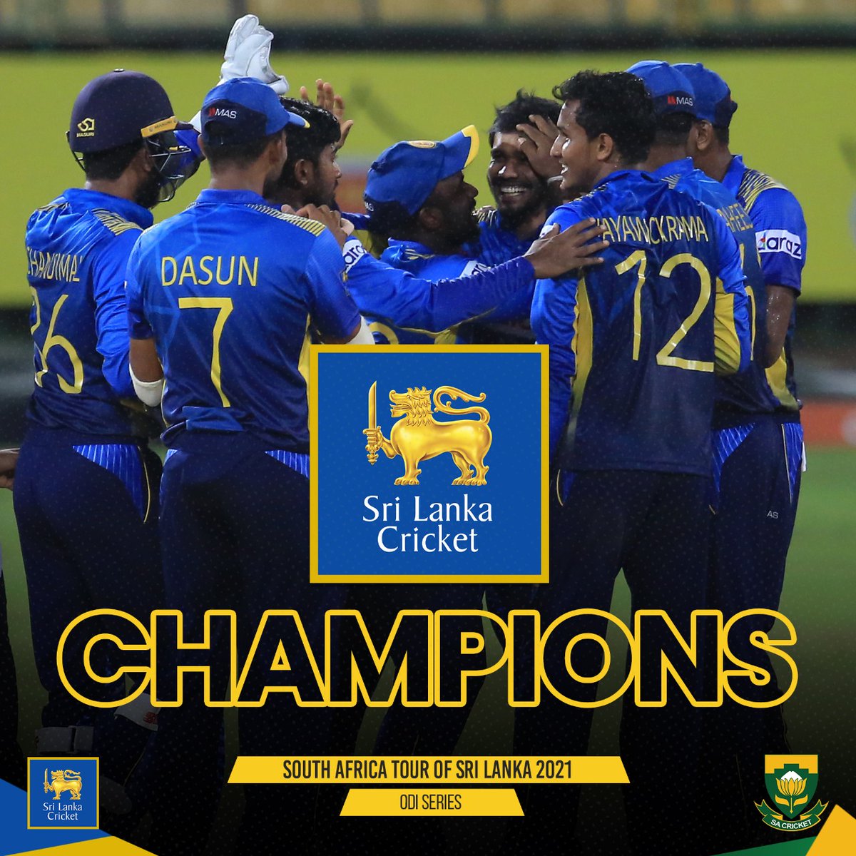 OfficialSLC's tweet photo. C H A M P I O N S 👏

🇱🇰 clinch the ODI series 2️⃣-1️⃣ 

Scorecard: https://t.co/KhzQddfp8V
#SLvSA https://t.co/E0wDP7yapz