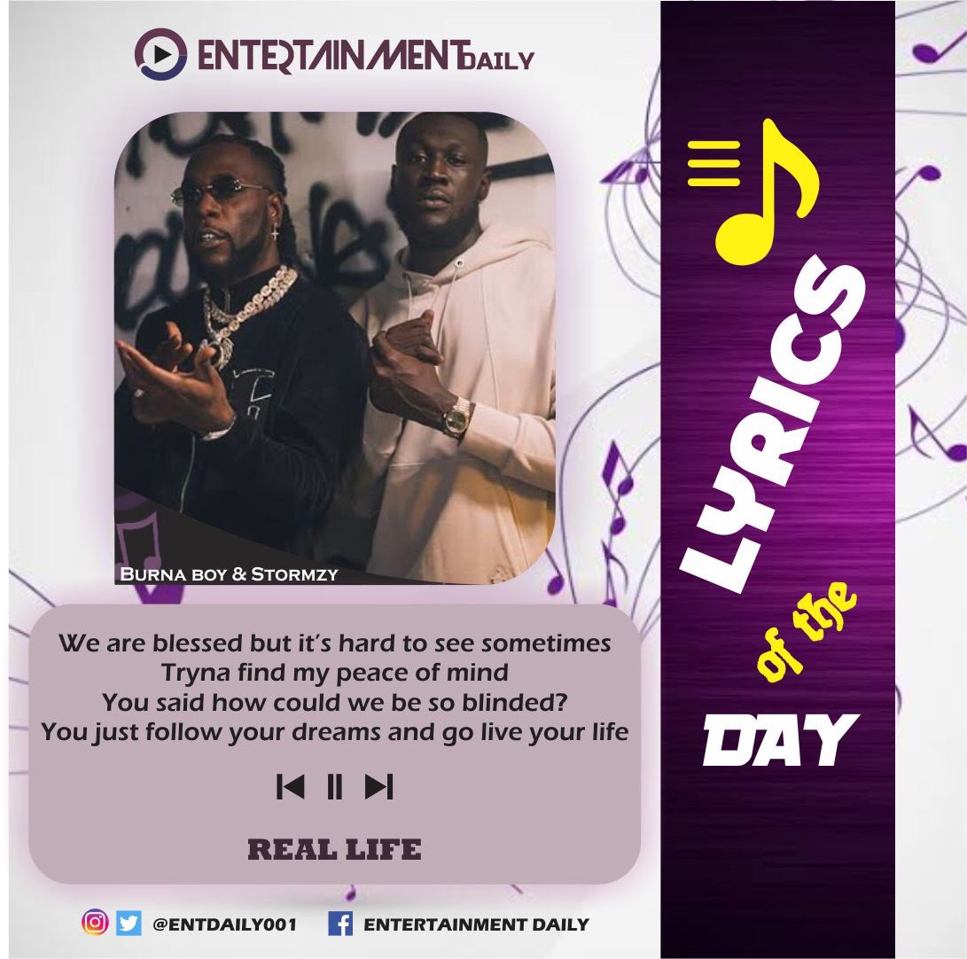 Entdaily001's tweet photo. Lyrics of the day 🎼
“we are blessed but it's harder to see sometimes
Tryna find my peace of mind
You said how could we be so blinded?
You just follow your dreams and go live your life”
🎤 @burnaboy & Stormzy
🎵 Real Life
#music #burnaboy #reallife #twiceastall #BurnaBoyO2 https://t.co/UtmDXzMoVM