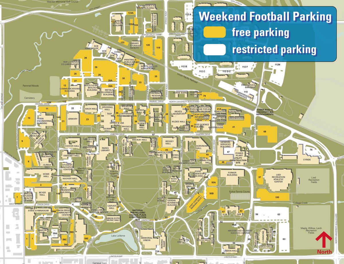 cityofames's tweet photo. 🏈The battle for the Cy-Hawk Trophy is Saturday, but there's no need to battle for parking! Plenty of free weekend football parking is available on campus. Park for free during the game in any of the YELLOW lots shown on the map. 
Enjoy the game and GO CYCLONES!! 
#CyHawkGame https://t.co/GV0gTcttPc