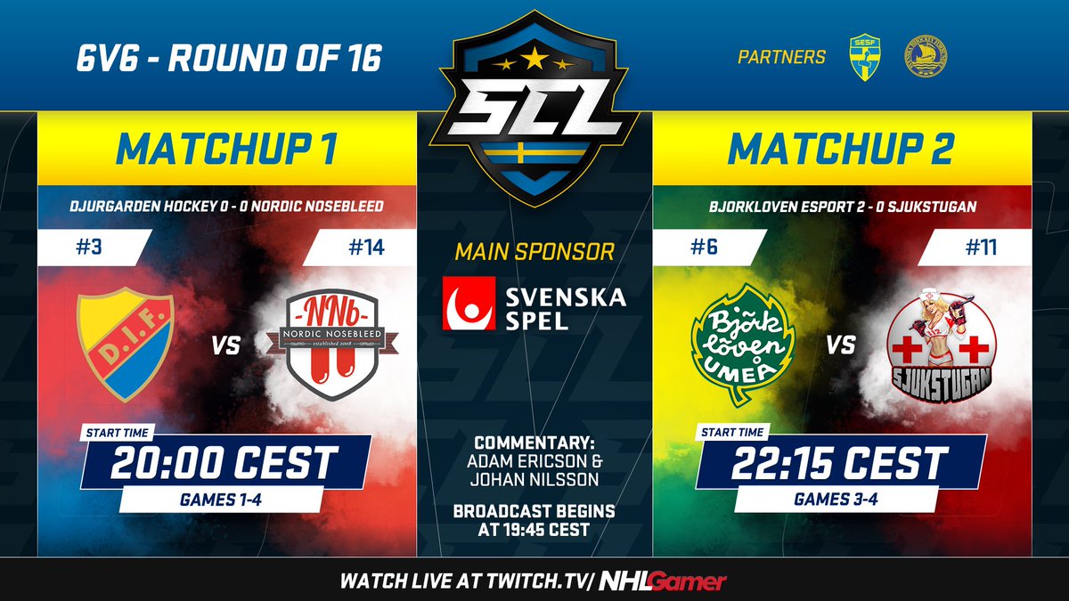 The #SCL2021 Playoffs continue!

🕗 19:45 CEST
1⃣ <a href="/difhockeyesport/">Djurgården Hockey Esport</a> vs Nordic Nosebleed 
2⃣ @BjorklovenEASHL vs <a href="/112sjukstugan/">sjukstugan</a> 
📺 twitch.tv/NHLGamer
🎙️ <a href="/Esdor15/">Adam Ericson 🇺🇦</a> &amp; <a href="/juniorzalazo/">Johan Nilsson</a> 

#NHLGamer #SvSeHockey <a href="/svenskesport/">Svenska E-sportförbundet</a> <a href="/swehockeyse/">Swehockey</a>