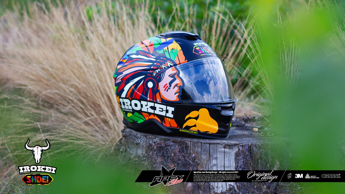 ApexClanDesign's tweet photo. Today we are presenting the fullwrap project on the #Shoei GT Air II  in the "IROKEI" theme, which strongly refers to the well-established image of representatives of North American Indian tribes.
Contact us if you also want to personalize your motorcycle look;) https://t.co/pPUbZi1vMJ