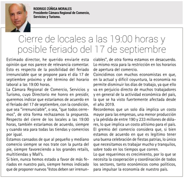 CARECOTUR's tweet photo. Nuestro Presidente envió carta al Director del Diario El Rguino, con la postura del gremio frente a la posibilidad que este 17 de sept sea feriado irrenunciable y de la petición de los trabajadores de acortar el horario de trabajo a las 19 hrs. Adjuntamos publ para su lectura. https://t.co/aB7m2a1Yi8