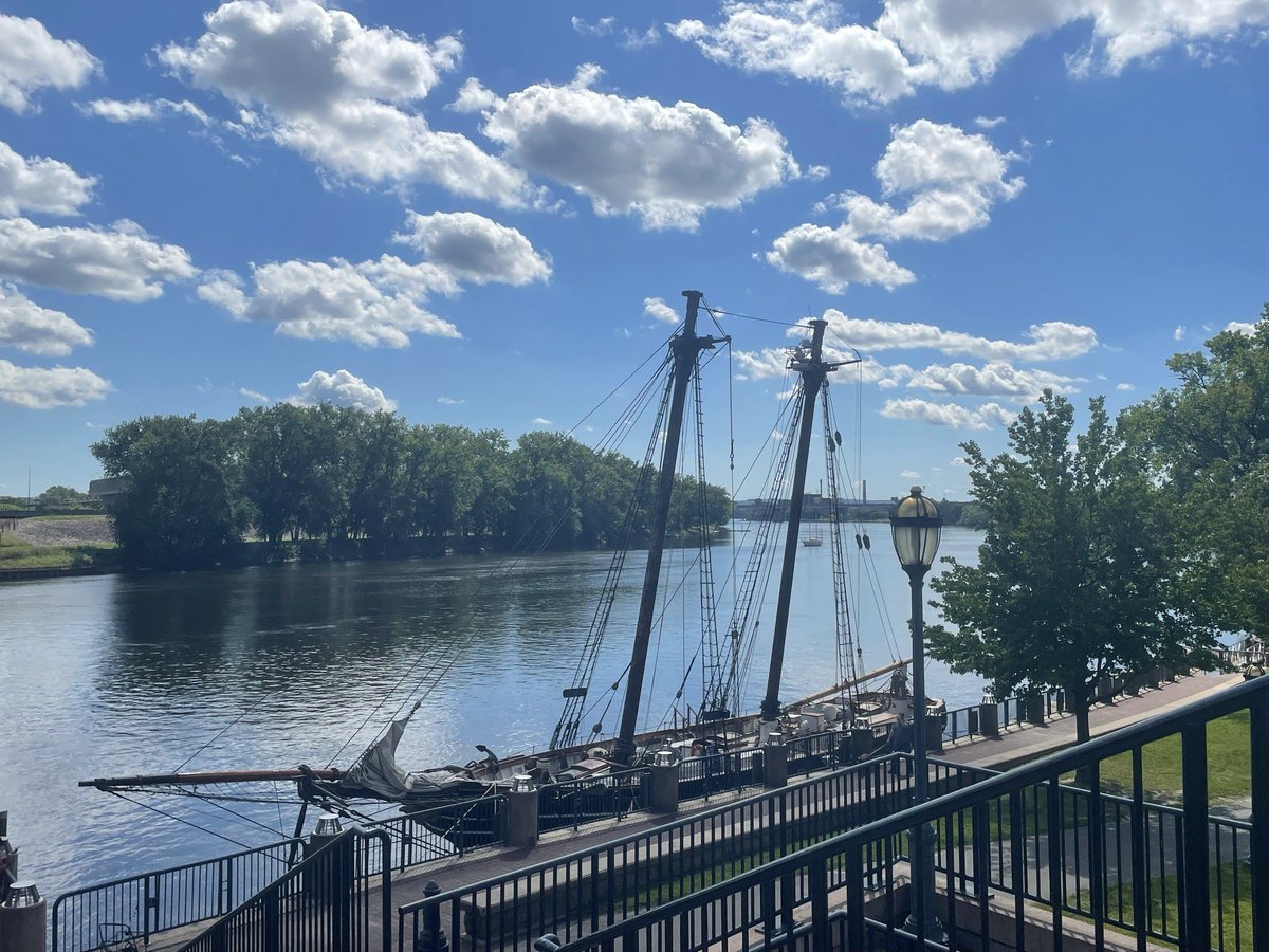 CTOldStateHouse's tweet photo. She's here! Our staff took a mid-morning break to welcome the Amistad to Hartford at Mortensen Riverfront Plaza! Come celebrate the ship's arrival on 9/9 at the Amistad Journey to Freedom: Welcome Event with a reception held at Connecticut's Old State House! @RiverfrontRecap https://t.co/WfrKI3Z8IE