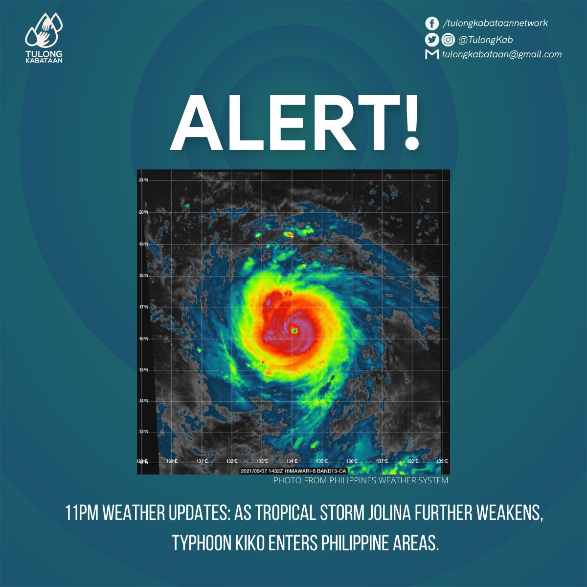 ALERT:
Kasalukuyang binabagtas ng bagyong #JolinaPH ang Southern Tagalog at Bicol region, partikular na ang west northwest ng Sibuyan Sea patungo sa Marinduque–Banton Islan Area (As of 11 PM) na patuloy na nakararanas ng malalakas na hangin at pag-ulan. Ayon sa weather bulletin