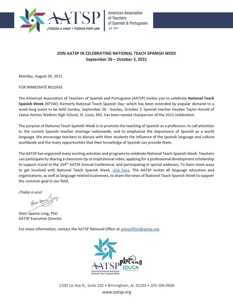 National Teach Spanish Week is just around the corner! Looking for ways to celebrate and advocate?  
Check out these #NTSW2021 activities and resources organized by our long-standing coalition member <a href="/AATSPglobal/">AATSP</a>: aatsp.org/page/NationalT…