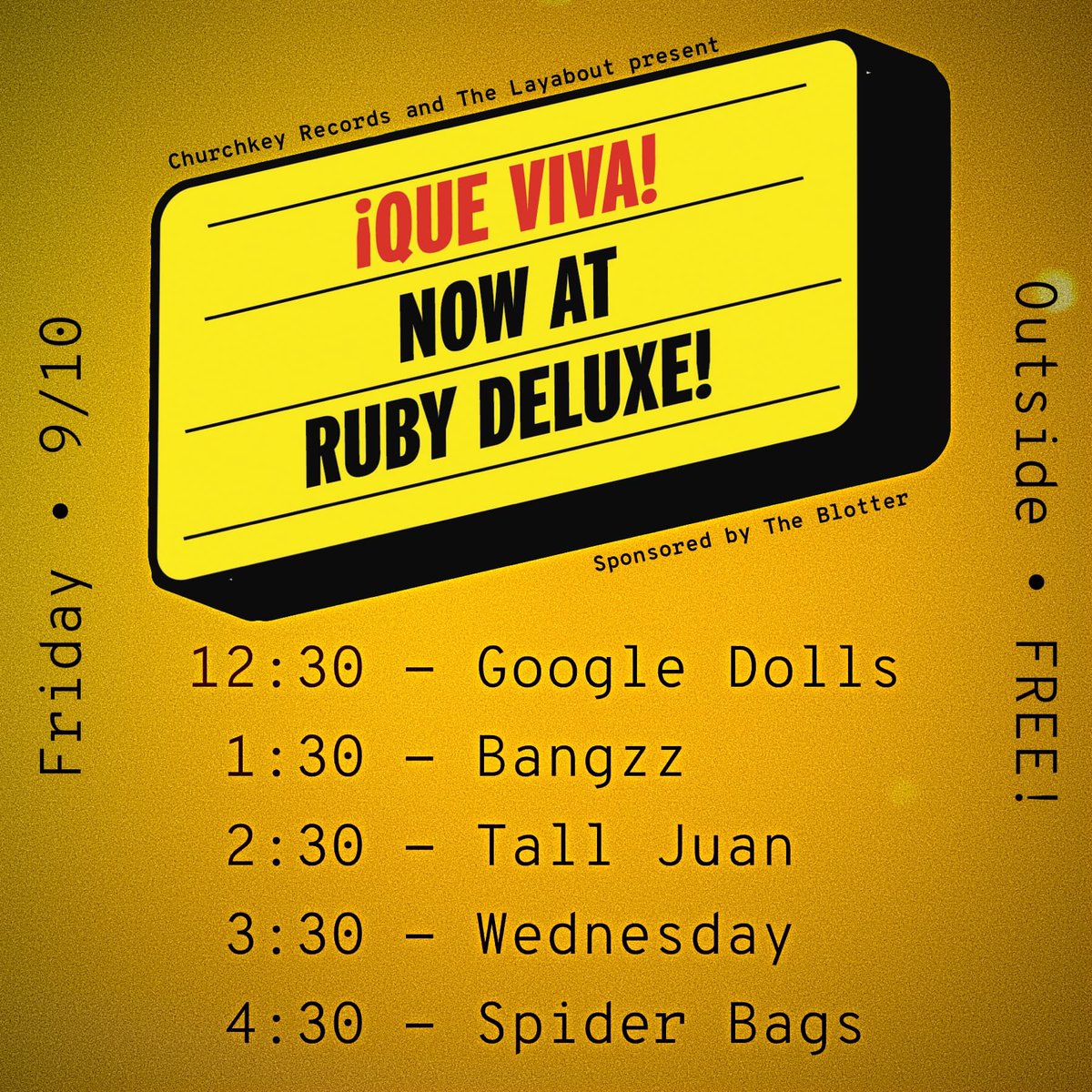 churchkeyrecs's tweet photo. Excited to see everyone at @RubyDRaleigh on Friday for #queviva during @hopscotchfest!

Outdoors, free, and the @Bojangles is served at noon!

12:30 - Google Dolls
1:30 - @Bangzzband
2:30 - Tall Juan
3:30 - @Wednesday_Band_ 
4:30 - @Spider_Bags https://t.co/YAghPz9pIr
