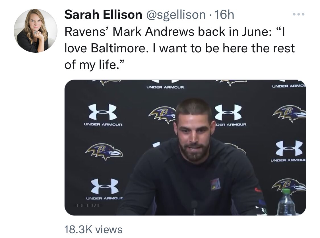 sgellison's tweet photo. Mark Andrews wants to stay in Baltimore the rest of his life.

Justin Houston’s agent implored the Ravens for an offer and he took less $ to come.

Marcus Peters rediscovered his joy here.

Marlon Humphrey &amp; Lamar Jackson tweet unprompted about love for the Ravens.

#culture https://t.co/cjulLQDkif