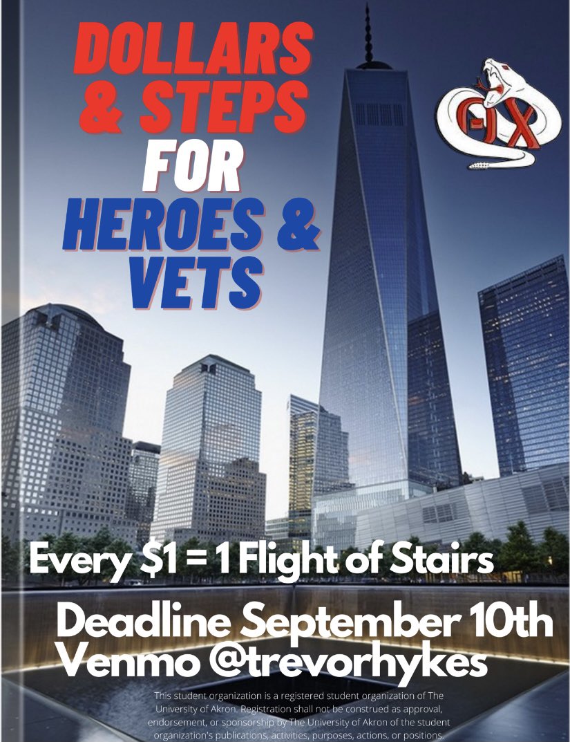 ThetaChiAkron's tweet image. For every dollar we raise, the men of our chapter will climb that many flights of stairs in honor of the 9/11 tragedy that occurred 20 years ago. 
Donations will be accepted from 9/7 through 9/10. All flights of stairs to be climbed on 9/11.  All proceeds donated to USO &amp;amp; NFFF.