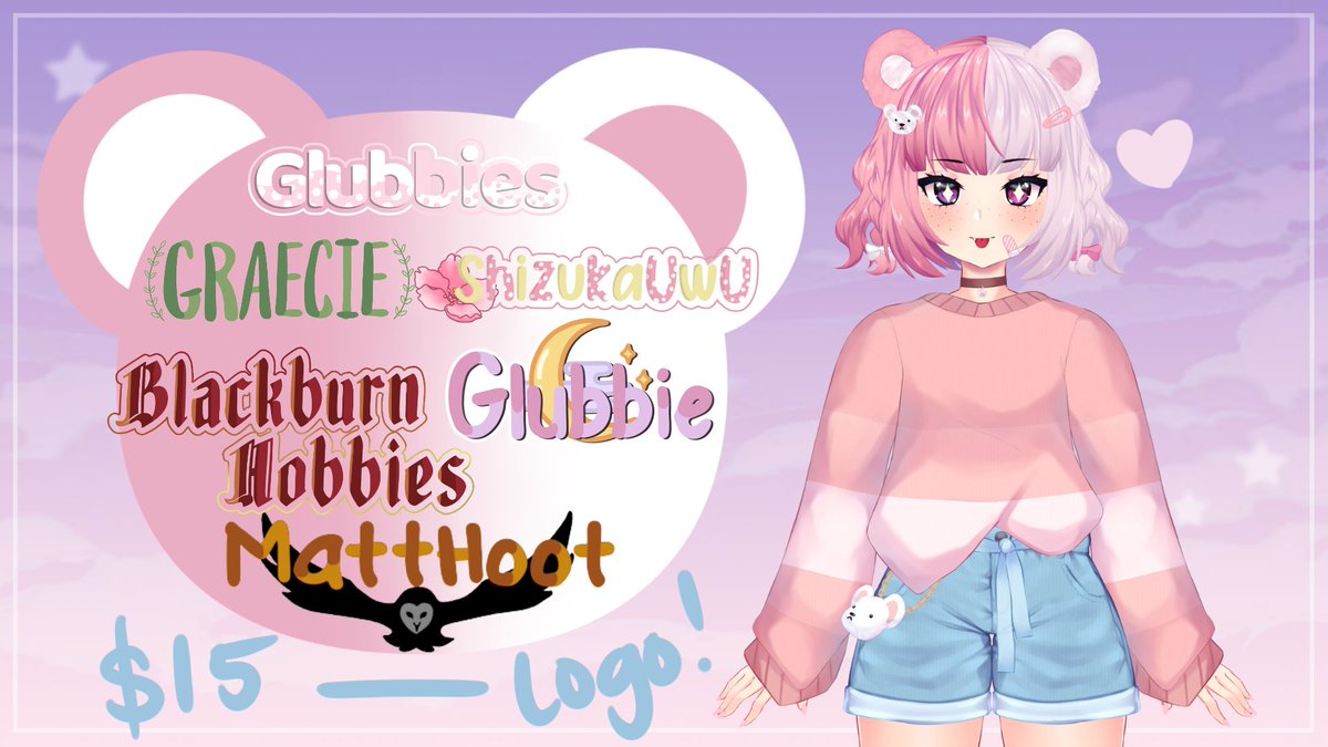 $15 Logo Commissions!~ 
Currently saving up for a new PC and upgrading my streams so I will be able to stream with my model on debut!
Once I get better at Logos I will do a 50% off on a rework for you! 
ko-fi.com/glubbies #commissionsopen #boost #art #vtuber #logo #retweet