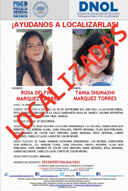 En #SalinaCruz, en la región del #Istmo, la @FISCALIA_GobOax, a través de la @AEI_Oaxaca, localizó y entregó a sus familiares a las hermanas ROSA DELFINA MÁRQUEZ TORRES Y TANIA SHUNAXHI MÁRQUEZ TORRES, de 16 años de edad, concluyendo el reporte 29335/FIST/SALINA/2021.